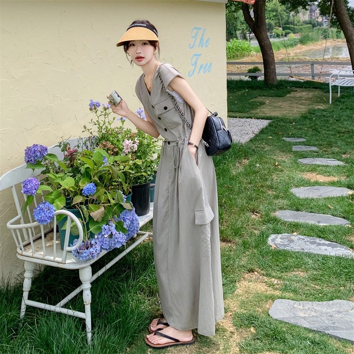 yuviny유비니 여성 롱 원피스 버튼 스트링 루즈핏 여름 데일리 원피스 QZ0004