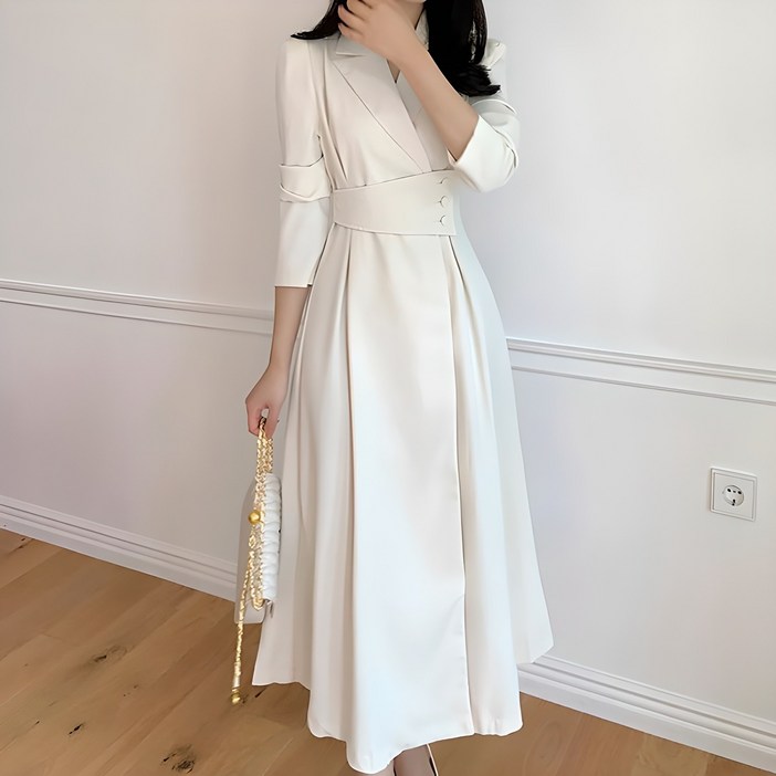 페이퍼먼츠 카라넥 허리버튼 롱 원피스 08843