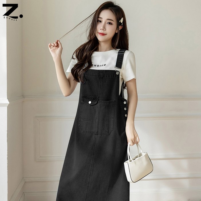 Zoovit 여성 데님 멜빵 원피스 루즈핏 데님 롱원피스