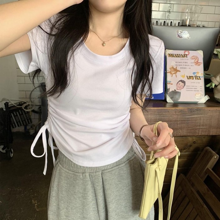 cammello 무지 사이드 셔링 라운드넥 반팔 크롭티 여성 크롭 티셔츠