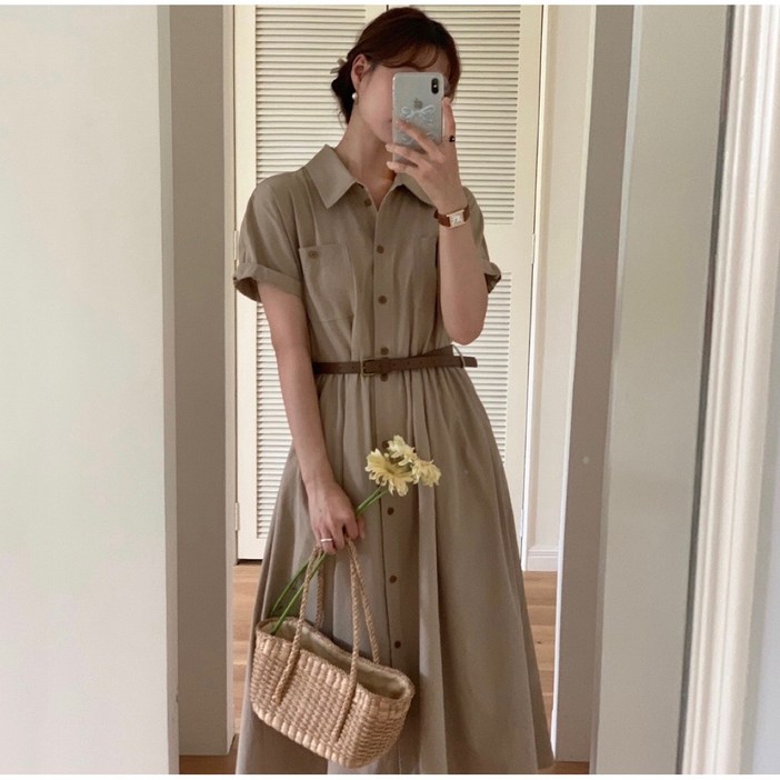 루어스룸 헤이즐 여름 코튼 벨트세트 버튼 플레어 A라인 빅사이즈 여성 a라인 반팔 66 77 88 임산부 하객룩 셔츠 롱 원피스(2color) 돌잔치룩