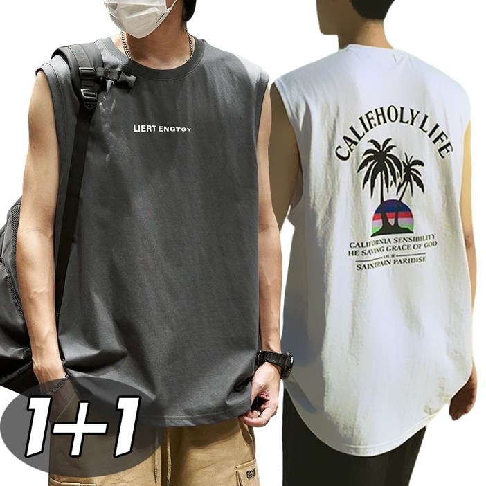 별하늘 11 남성 여름 스판 캐주얼  민소매 냉감 프린트 오버핏 라운드  티셔츠 2P