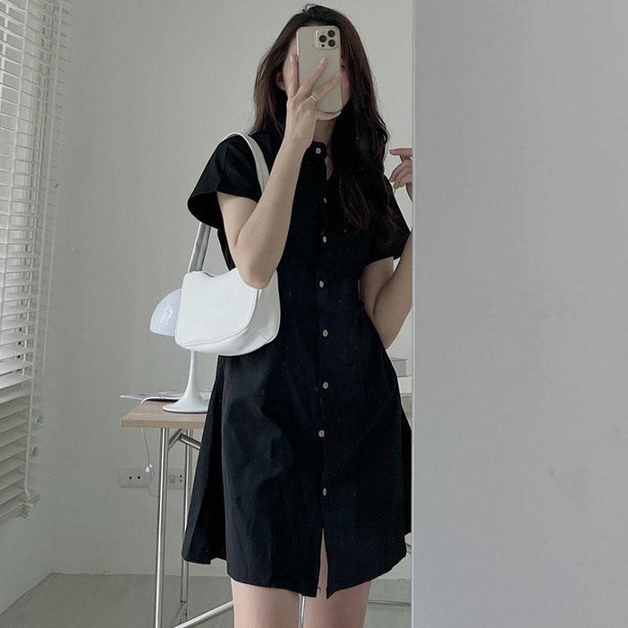 AOKADA 여성 여름 카라 반팔 셔츠 미니 원피스