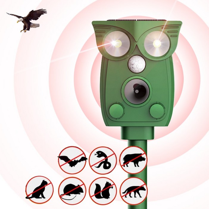 태양광 충전 강력초음파 조류 뱀 쥐 멧돼지 고라니 유해동물 적외선 퇴치기 LED 경보음