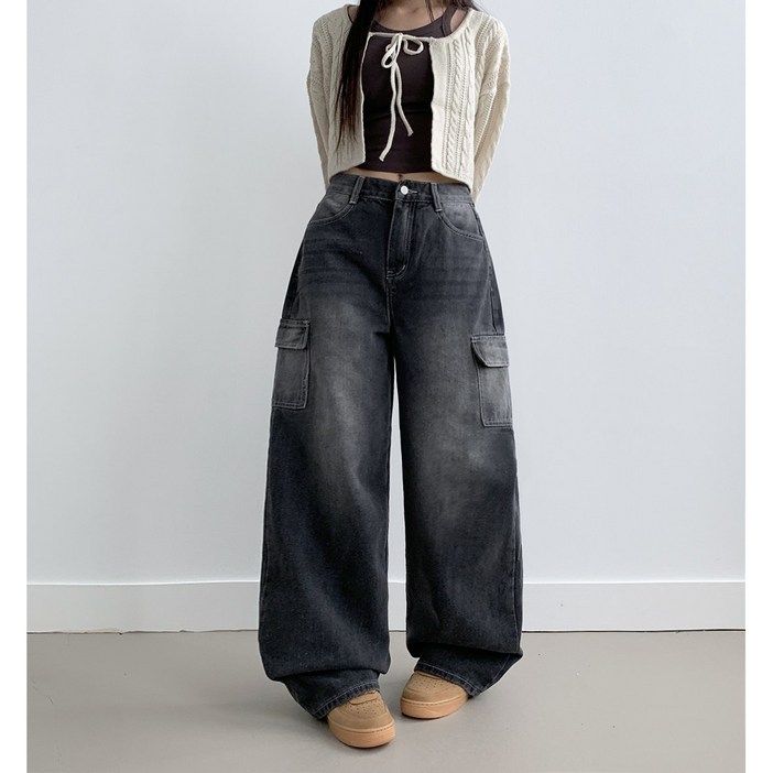 부기샵 칸토 스트릿 카고 데님 와이드 롱팬츠