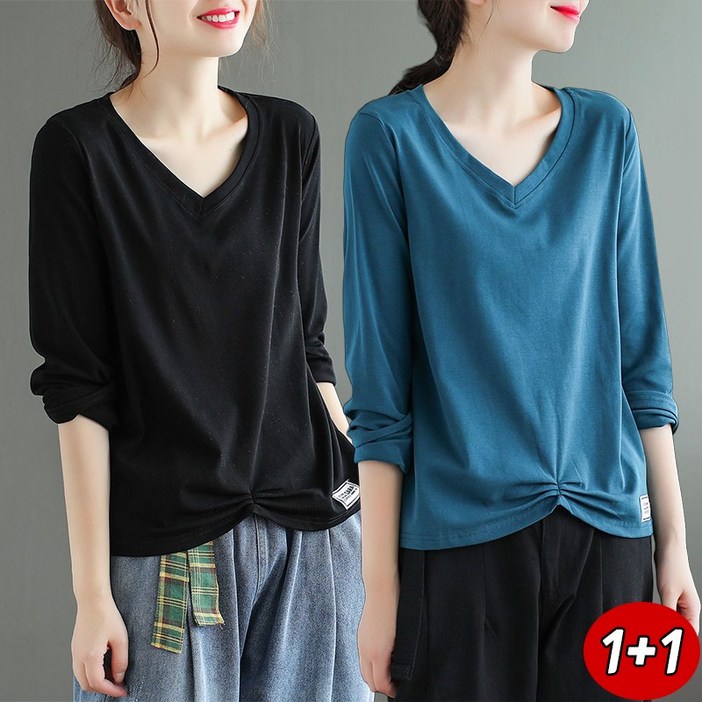 2장세트 11 여성티셔츠 순색 셔링 루즈핏 브이넥 긴팔티 순면 면티 빈티지 상의