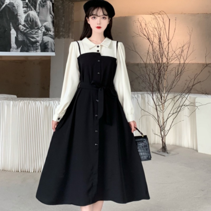 비대칭 체스트 페이크 투피스 긴팔 롱 원피스 빅사이즈까지