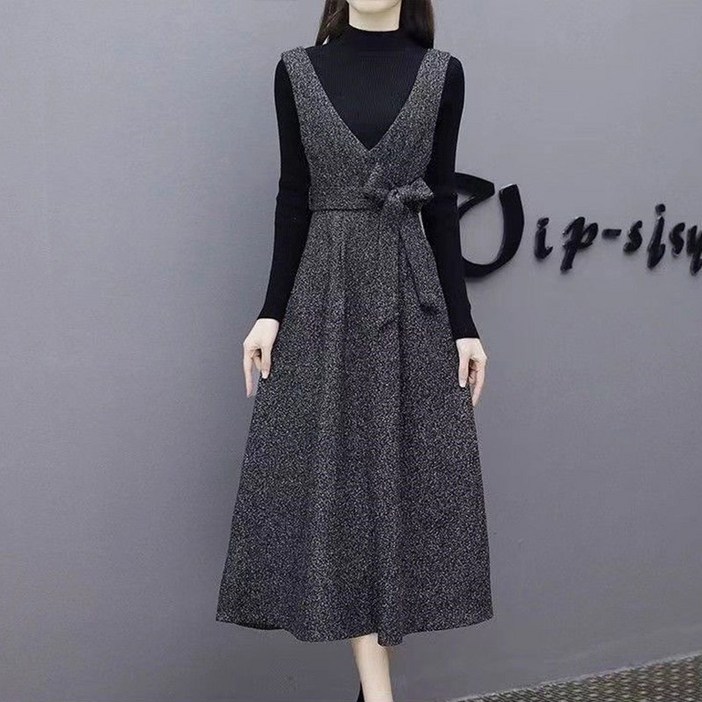 여성 가을 겨울 롱 도톰 브이넥 A라인 슬림핏 멜빵원피스 스웨터 투피스  롱스커트 세트 슬림소녀