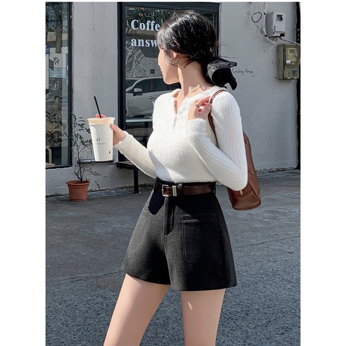 더블공주 하이웨이스트  와이드 부츠 모직 반바지 벨트 포함