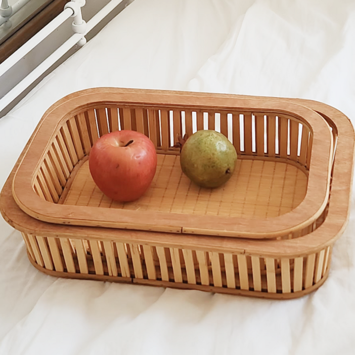 도르리 라탄 트레이 사각 쟁반 우드 홈카페 인테리어 감성소품, 1개, 우드