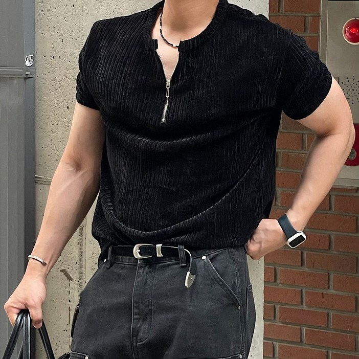 메인유 바이스 벨로아 헨리넥 머슬 반집업 반팔티