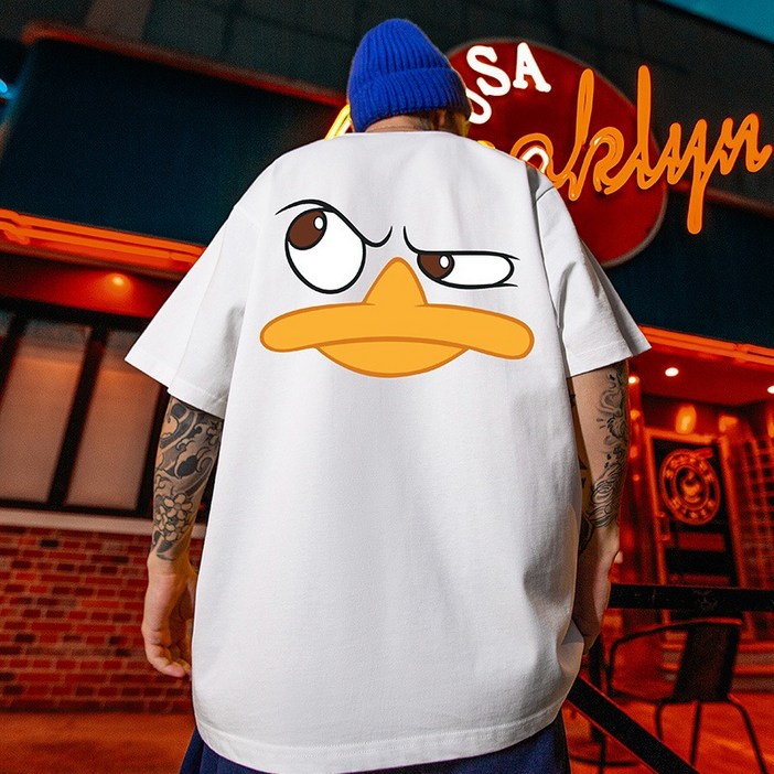 FONOW 여름 남자 고글 펭귄 백프린팅 오버핏 아이스 분또 반팔 티셔츠 100 순면