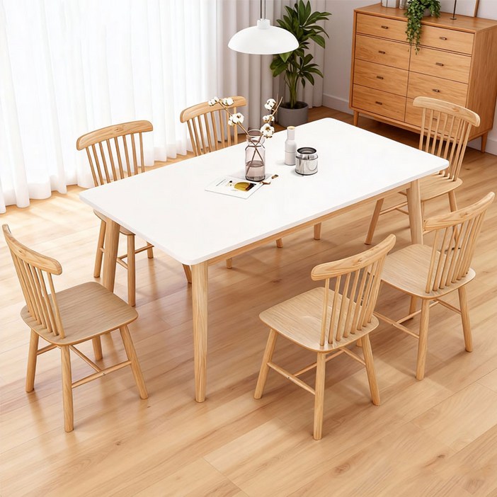 New World 식탁 심플 4인 원목 식탁 다인용 롱 테이블 다용도 가정 주방120cm ZZBM, 화이트, 4인용