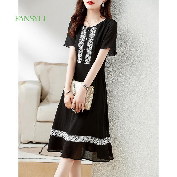 FANSYLI 여성 여름 신상 쉬폰 원피스 레이스 장식 A라인 원피스 W5M22