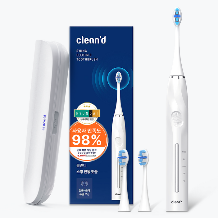 클린디 회전+음파 전동칫솔 스윙45 FDA 인증완료 칫솔모 유럽 ROHS 인증 45도 바스법 플라그 제거 효과 IPX7 방수, 2개, 화이트, 단일상품