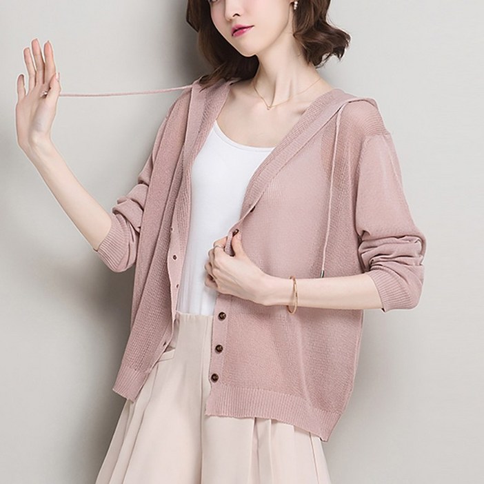 ORZQU 여름 여성 니트 카디건 코트 여자 후드 상의 아이스 니트 얇은 펀칭 자외선 차단 자켓