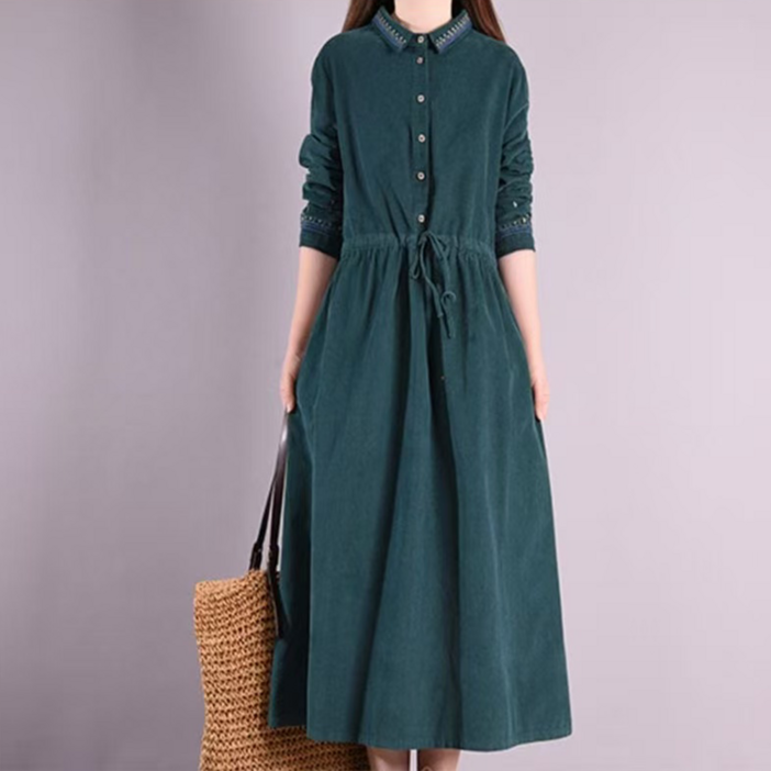 오스틱니 빅사이즈 여성 셔츠형 클래식 골덴 맥시 원피스 겨울 날씬해보이는 카라 코듀로이 자수 줄무늬 여성의류  하객룩 우아한 예쁜 홈웨어 캐쥬얼 데일리 플레어 롱원피스