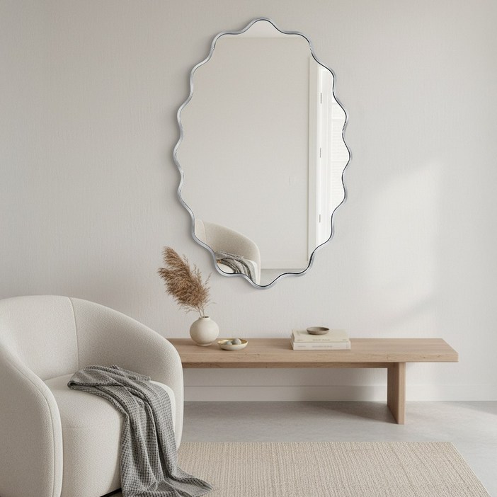 Fahomiss 타원형 벽걸이 거울 안깨지는 안전거울 예쁜 인테리어 벽거울 욕실 거울, 실버