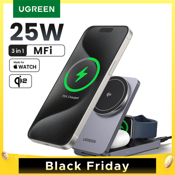 UGREEN 유그린 MagFlow 3in1 Qi2 25W 마그네틱 무선충전 스댄드 아이폰12이상 시리즈,에어팟4 3 2 Pro,애플워치등 기기 지원된 접어식 무선충전기, 1개, Grey UGREEN 유그린 MagFlow 3in1 Qi2 25W 마그네틱 무선충전 스댄드 아이폰12이상 시리즈,에어팟4 3 2 Pro,애플워치등 기기 지원된 접어식 무선충전기, 1개, Grey