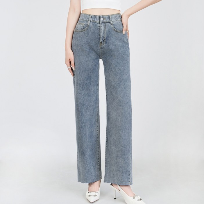 리치블랑 여성 사방스판 허리밴딩 슬림 와이드 청바지 2단기장