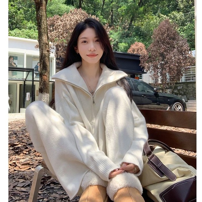 여성가을 캐시미어니트셋업 집업 와이드팬츠 코디 SET
