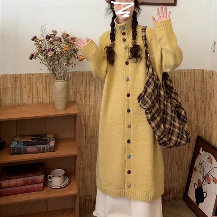 ROYALBELLE 여성 고급 스타일 하이넥 단추 장식 패션 긴팔 롱 니트 원피스 Z0091917