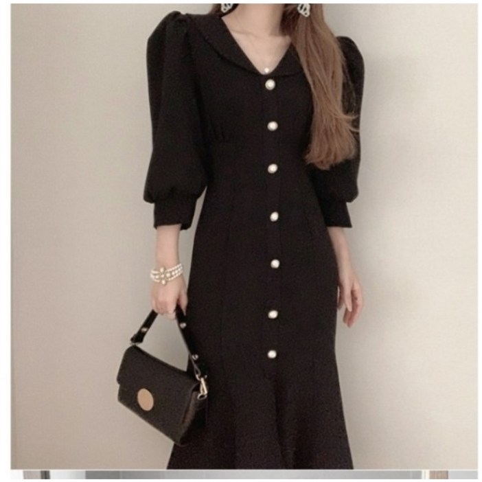 라이크 블리  여성 결혼식 하객룩 버튼 포인트 가을,봄원피스 롱원피스