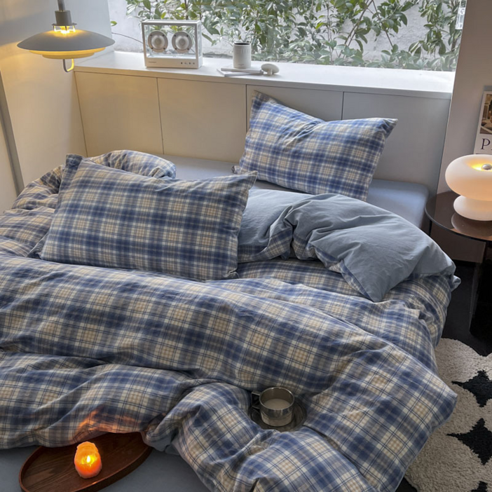 패션플래시 이불커버 심플 부드러운 사계절 체크 침구세트 이불커버+이불시트+베개커버 세트