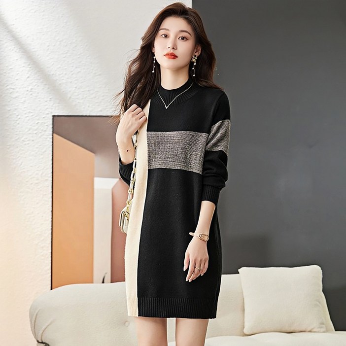 ROYALBELLE 여성 라운드넥 니트 원피스 배색 신상 미디엄 긴팔 스웨터 워피스 Y0110110