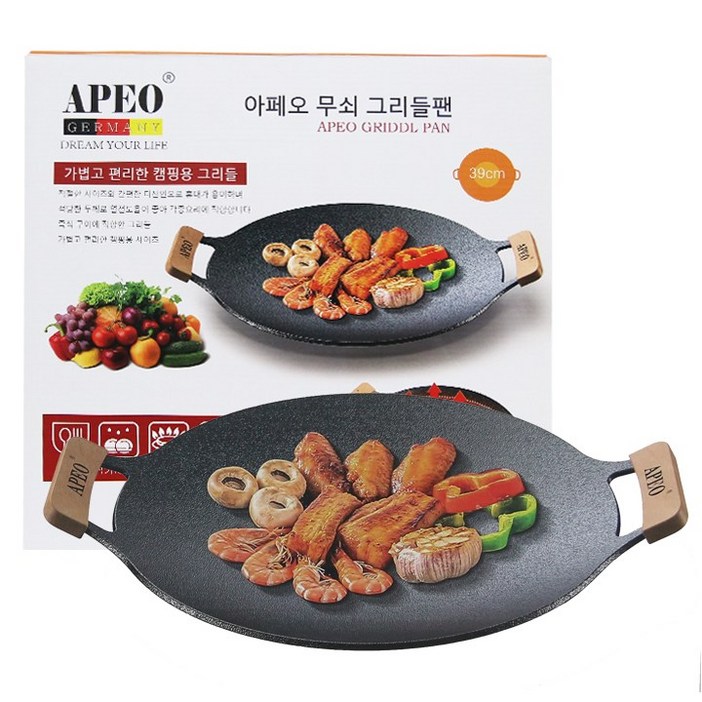 아페오 캠핑 무쇠 그리들팬 IH 인덕션 겸용 전용가방+우드손잡이, 39cm, 1개