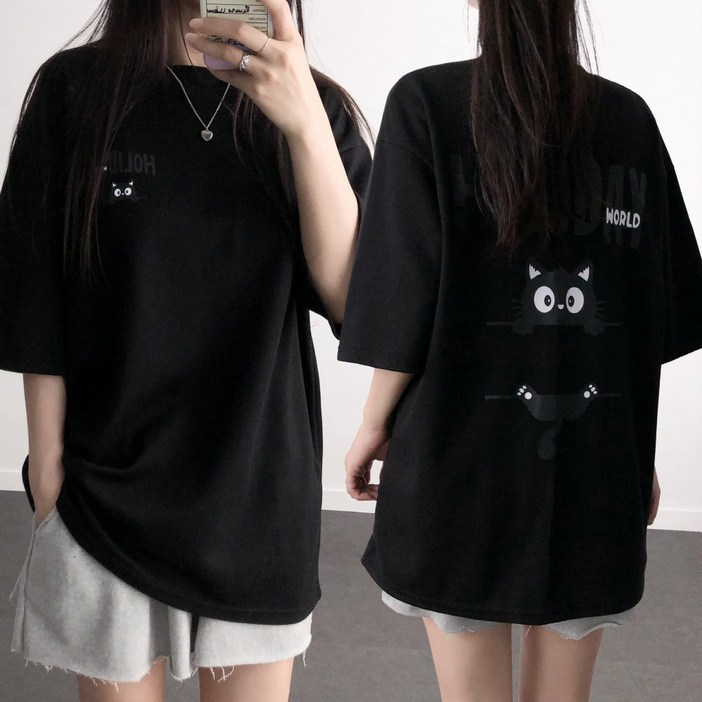 레이디스룸 국산 남녀공용 특양면 오버핏 홀리데이 고양이 프린팅 빅사이즈 박스 반팔 티셔츠