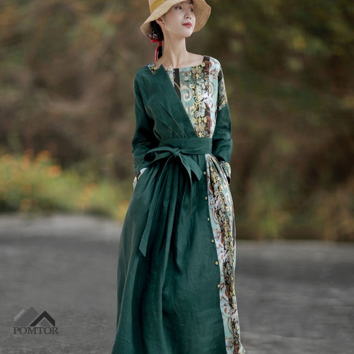 POMTOR 긴팔 여성 원피스 꽃무늬 에스닉 롱 치마