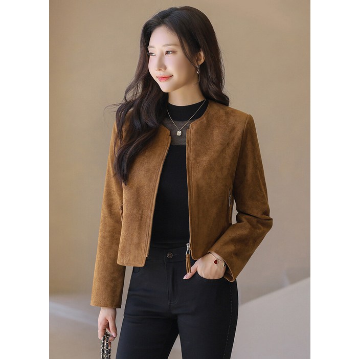 스타일온미 스타일온미  데미스 어텀 무드 세미 크롭 스웨이드 집업 자켓