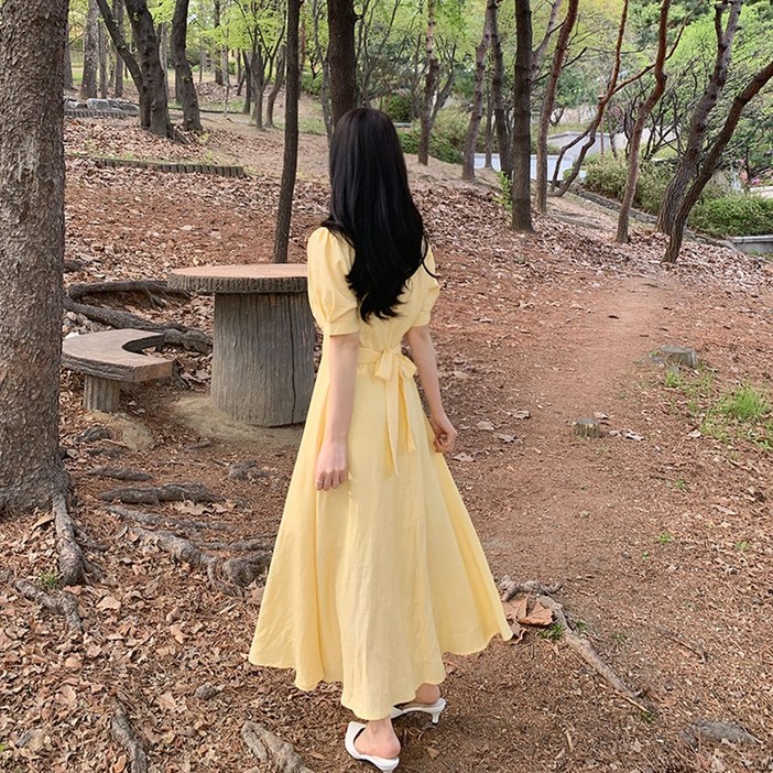 여신룩색감보장러블리 뒷 리본 여름 반팔 하객룩 데일리룩 데이트룩 무지 여친룩 린넨 하트넥 퍼프 플레어 여리 롱 원피스