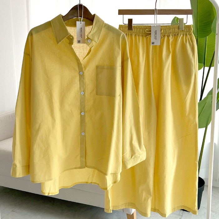 네모엔룩 여성용 린넨셋업 16색상 블라우스팬츠 셔츠카라 밴딩 와이드 여름 린넨면 세트 투피스 NL