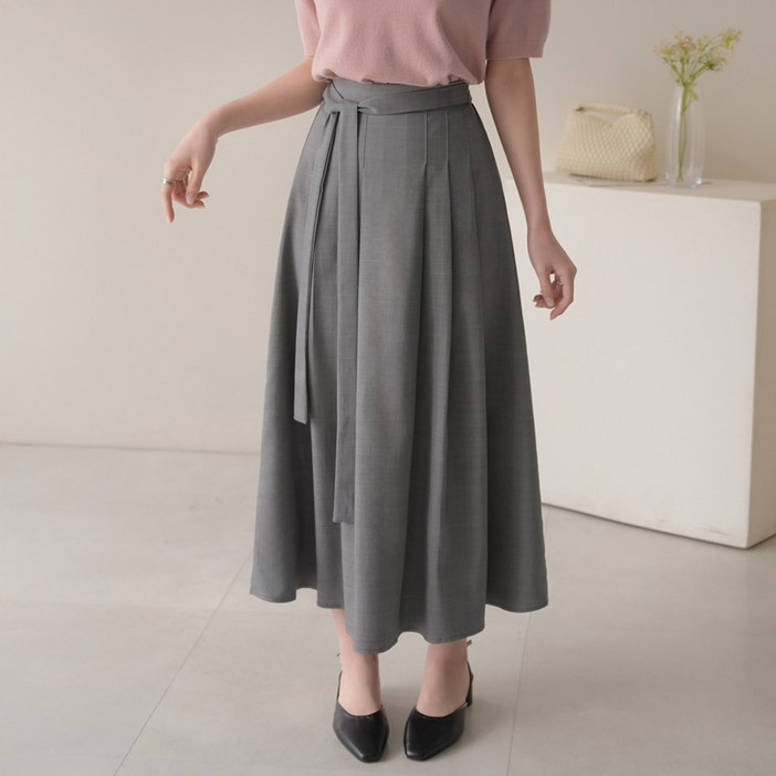 데일리앤 앤티 A라인 플리츠 밴딩 벨트 스트랩 핀턱 롱 스커트 봄 가을 하객룩