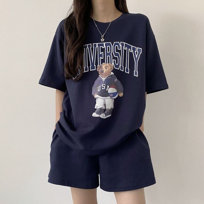 CNKmall 써머 여성 데일리 캐쥬얼 루즈핏 빅사이즈 상하세트 유니버시티 베어