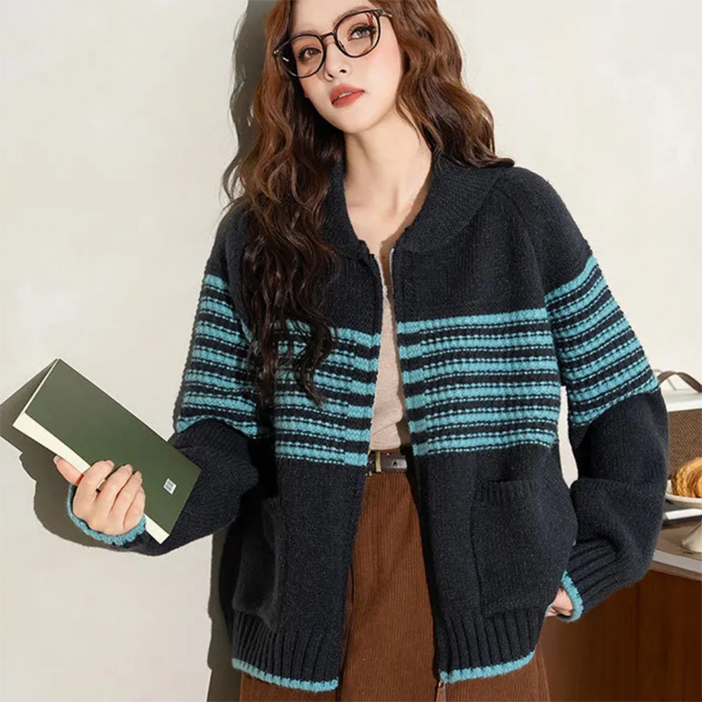 ORZQU 추동 여성 스트라이프 터틀넥 스웨터 캐주얼 코디 집업 코트