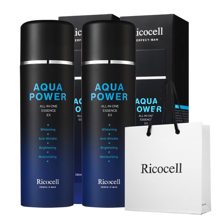 리코셀 퍼펙트 맨 아쿠아 파워 올인원 에센스 + 쇼핑백 /미백 주름개선 기능성 탄력 수분 보습 선물, 150ml, 2개