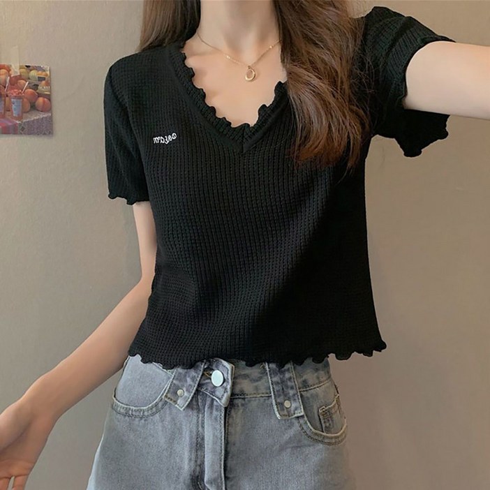 지고다그 여성 여름 니트 반팔 티셔츠  슬림핏 짧은 상의  크롭 티 GJX2302