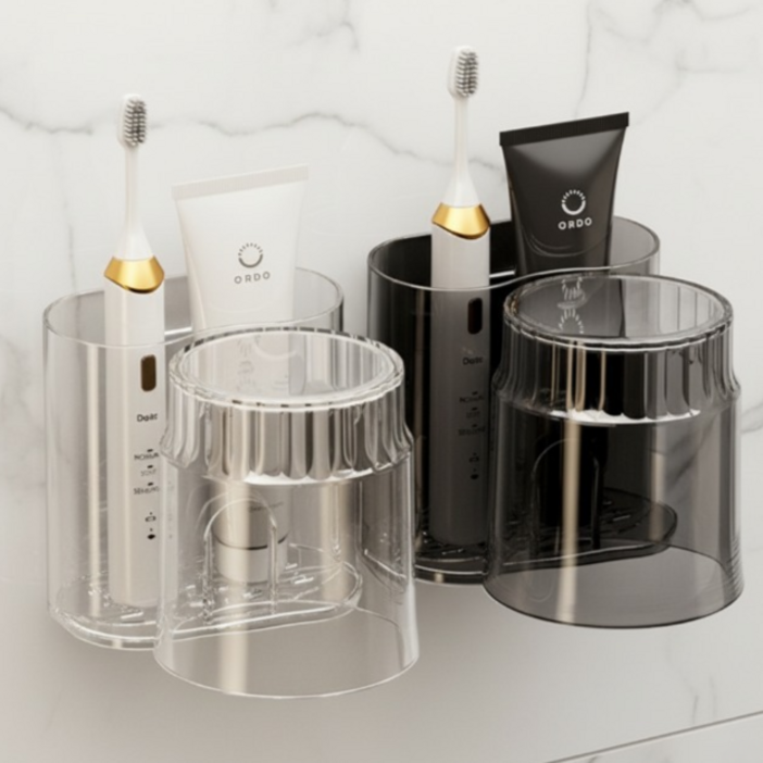 플리앤 무타공 욕실정리 수납 양치컵 세트, 블랙