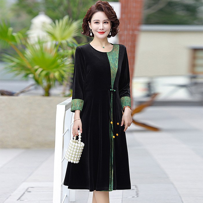 COSYEVNO 중년 엄마 긴팔 원피스 4050대 심플 엘레강스 벨벳 스타일리쉬 라운드 스커트 BCXmmlyq10