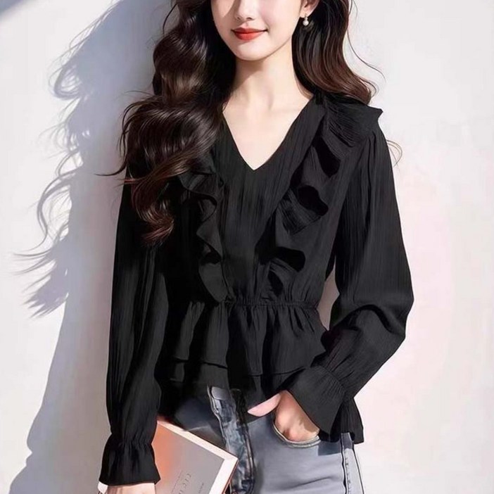 AOKADA 여성 봄 가을 브이넥 플리츠 프릴 레이어드 오피스룩 하객룩 긴팔  셔츠 블라우스