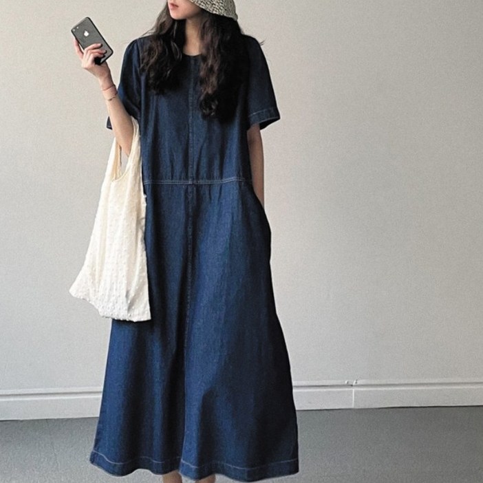 ZAJA 여름 루즈핏 데님 원피스 여자 롱 원피스 바캉스룩