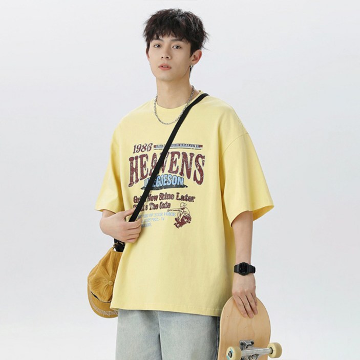 VELOCITY 남녀공용 빈티지 나염 레터링 오버핏 반팔 티셔츠