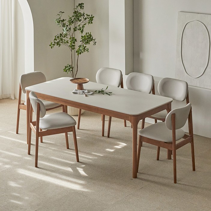 파로마 채튼C 통세라믹 원목식탁  의자세트 6인 방문설치, 베이지상판  월넛원목, 일반의자 6