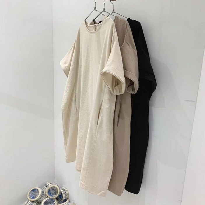 Unique ~150KG 여성 오버핏 라운드넥 린넨 반팔 원피스 여름 면 마 루즈핏 반팔 롱티 빅사이즈