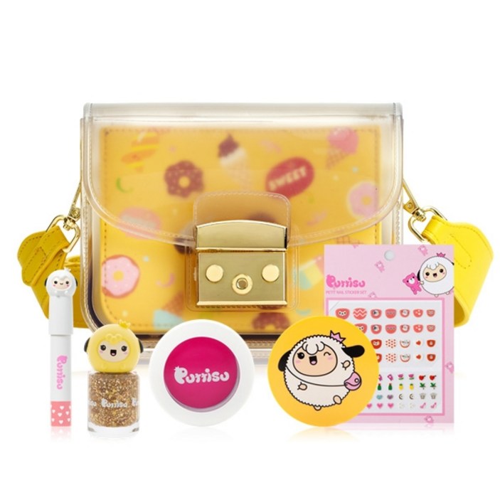 뿌띠슈 어린이 화장품 핸드백 세트 초등학생 여아 6종 선물세트 아이러브백매니큐어립크레용블러셔선쿠션스티커, 1개, 뿌띠슈 아이러브백 세트