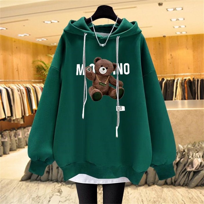 TKX 여성용 귀여운 곰돌이 프린팅 후드 티셔츠 봄 가을 긴팔 캐주얼 기본핏