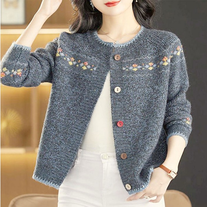 WA365 울혼방 라운드넥 자수 가디건 여성 니트 스웨터